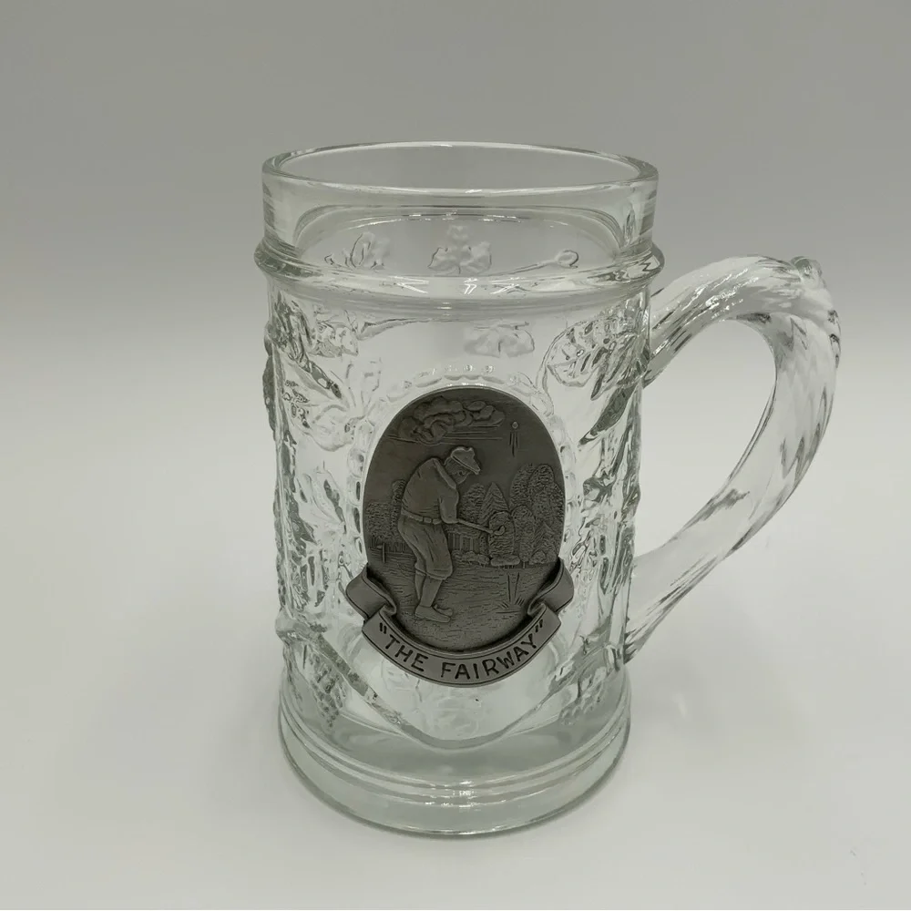 “The Fairway” Heavy Beer Mug Glass Pewter Medallion Golf